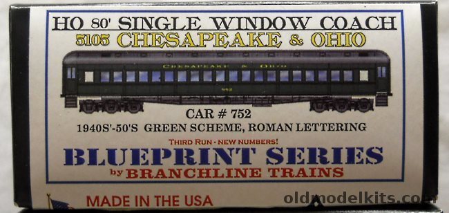 Branchline Trains 1/87 Blueprint Series HO Heavyweight Passenger Coach 80 Foot Single Window Chesapeake & Ohio (C&O) Car #752 1940s/1950s, 5105-752 plastic model kit